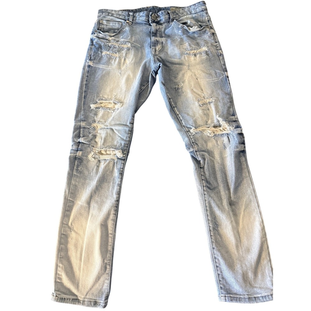 Smoke Rise Mens Distressed Ripped Moto Jeans Light Wash Blue W34 L32